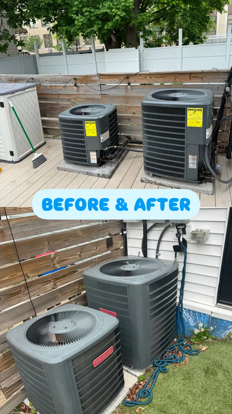 Brooklyn deck HVAC upgrade — old equipment replaced with new Goodman units, before and after