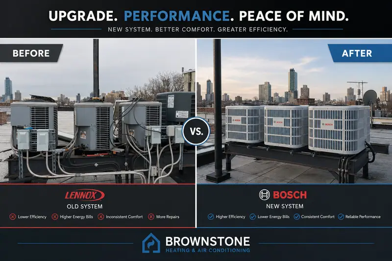 Brooklyn rooftop HVAC install — Lennox to Bosch upgrade, before and after comparison
