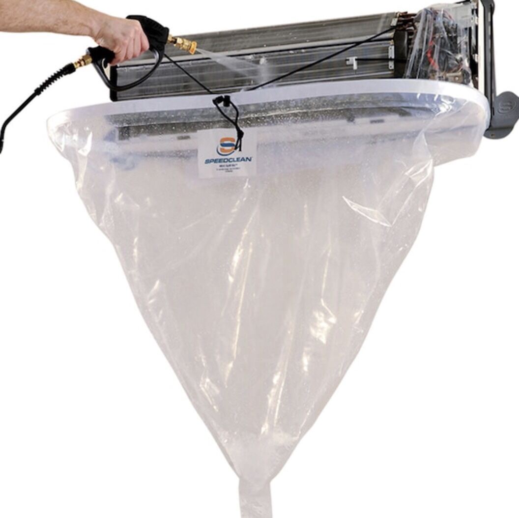 SpeedClean Mini-Split Bib in place under a Brooklyn ductless head during a full coil clean