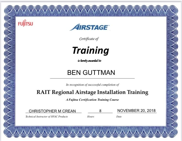 Fujitsu Airstage Installation Training certificate awarded to Ben Guttman, Brownstone Heating & Air Conditioning