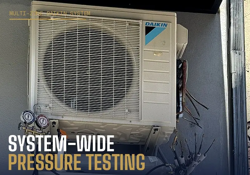 Brownstone technician running a pressure test on a Daikin multi-zone system in Brooklyn