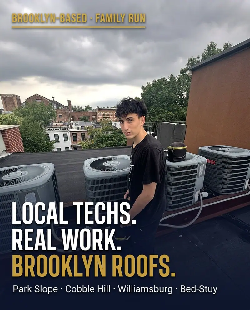 Brownstone technician on a Brooklyn rooftop with rowhouse skyline and condenser units